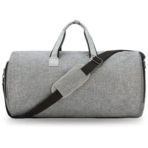 Large grey travel duffel bag with adjustable shoulder strap for men's business trips