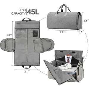 Detail of grey convertible garment bag showing 45L capacity and product dimensions.