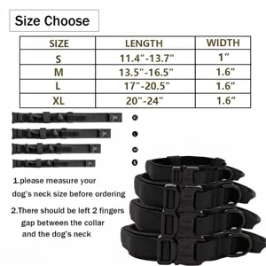 Tabla de tallas para collares tácticos para perros con medidas para S, M, L y XL.
