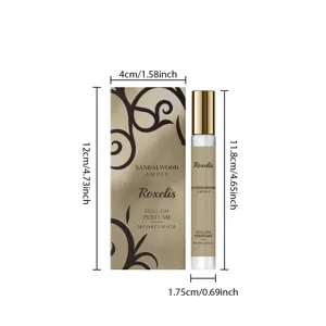 Detailed dimensions of 10ml Sandalwood Amber roll-on perfume and its luxury gold box