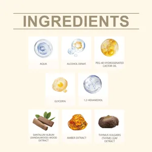 Macro details of natural sandalwood and amber perfume ingredients infographic
