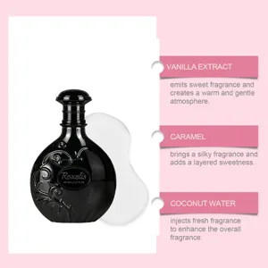 Luxurious black glass perfume bottle detail showing 80ml capacity and rich fragrance notes.