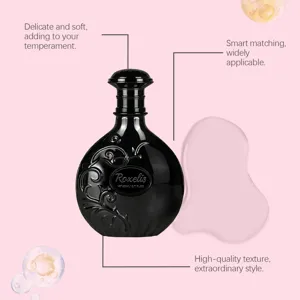 Elegant black glass perfume bottle detail showing 80ml capacity and fine embossed design.