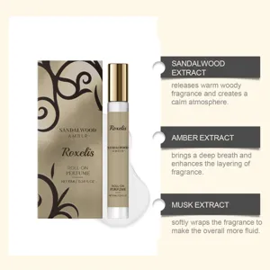 Detail view of Roxelis Sandalwood Amber roll-on perfume with extract descriptions