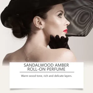 Elegant detail of sandalwood amber roll-on perfume featuring high-fashion aesthetic visuals