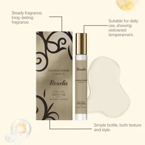 Premium Sandalwood and Amber roll-on perfume bottle with elegant gold packaging