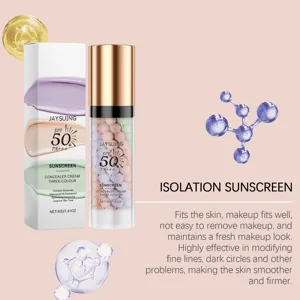 Vista detallada de la crema solar de aislamiento tricolor con SPF 50 y envase de 40g.