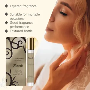 Detail of Roxelis Sandalwood Amber roll-on perfume with elegant box packaging