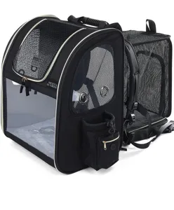 Detail of expandable black pet backpack with breathable mesh fabric for cats and dogs.