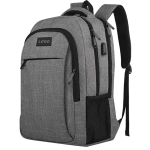 Mochila profesional gris para portátil de negocios con puerto USB y diseño multicapa