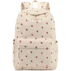 Front view of a beige corduroy backpack with cute red strawberry print pattern