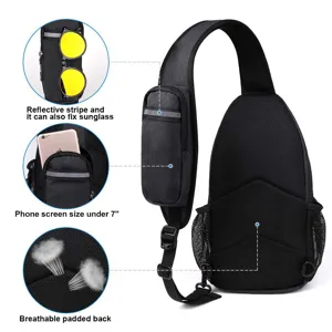Detail view of men's waterproof chest bag showing breathable back and phone pocket