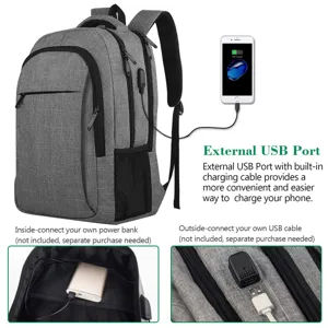 Detalle de la mochila de negocios gris con puerto de carga USB externo y espacio interno.