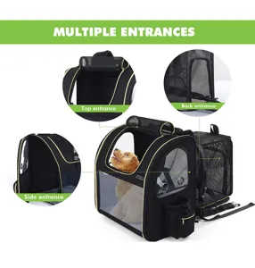 Detail view showing multiple mesh entrances of an expandable black pet carrier backpack