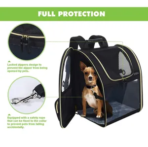Breathable pet carrier backpack for small dogs detail showing safety lock and leash