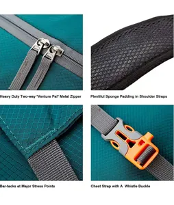 Close-up details of 40L lightweight foldable hiking backpack features and buckles