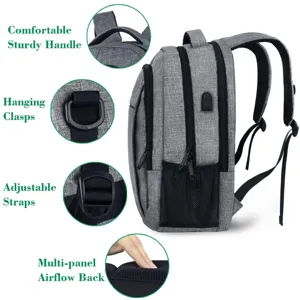 Vista detallada de mochila de negocios con respaldo ventilado y asa resistente.