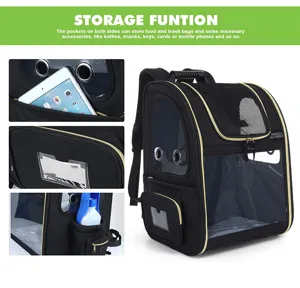 Detailed view of breathable pet carrier backpack showing side storage pockets for cats and dogs