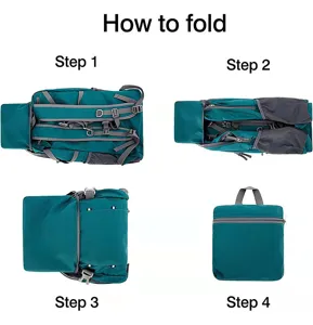 Step-by-step guide showing how to fold the teal 40L lightweight travel backpack.