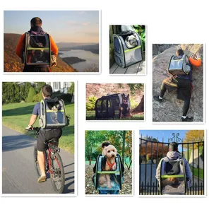 Collage of breathable pet carrier backpack used during outdoor cycling and hiking