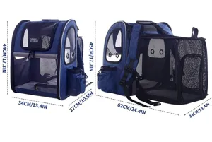 Expandable blue pet carrier backpack with mesh ventilation showing detailed dimensions