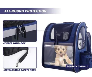 Detailed view of the locking zipper and safety rope on a blue breathable pet carrier backpack
