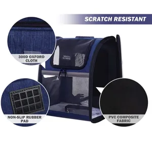 Detail view of pet backpack featuring scratch-resistant fabric and a non-slip rubber pad