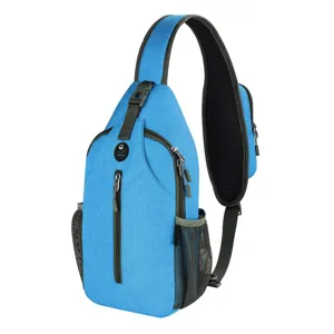 Blue waterproof outdoor chest bag for men featuring multi-pocket design and strap