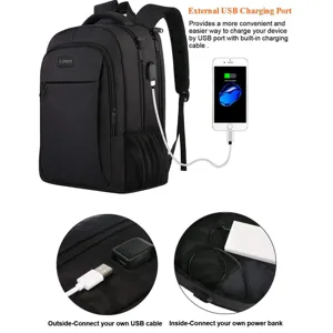 Mochila para portátil de negocios con puerto de carga USB externo integrado y cable detalle.
