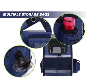 Detail view showing multiple storage pockets on blue pet backpack for dogs and cats
