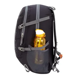 Detail of black 40L outdoor hiking backpack with side mesh pocket and water bottle