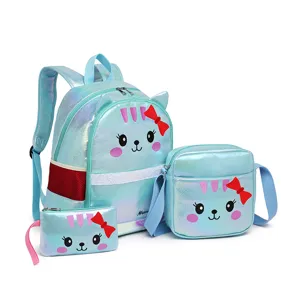 Schillerndes 3-teiliges Katzen-Schulranzen-Set mit Rucksack Umhängetasche und Federmappe