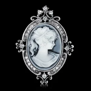 Spilla Cammeo Vintage da Donna Retrò Europeo Ritratto di Bellezza Lega Argento Strass Intarsiato Spilla Ovale Accessorio Gioielli