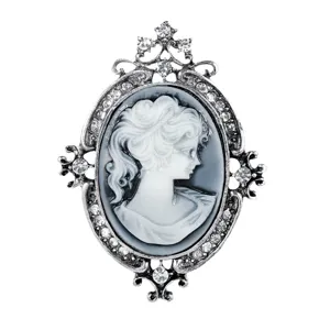 Spilla cammeo vintage color argento con elegante profilo di donna e strass di cristallo.