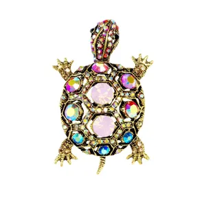 Vintage sea turtle brooch with colorful rhinestones for suits and coats