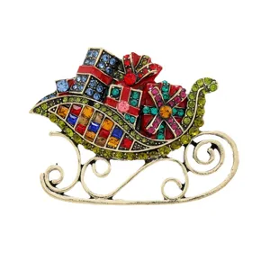 Broche traîneau de Noël vintage avec strass multicolores et boîtes cadeaux