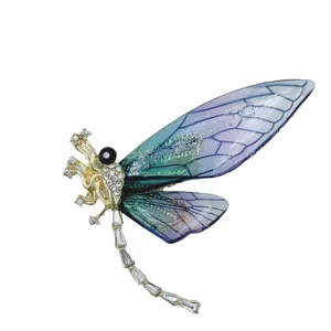 Elegant gold-tone dragonfly brooch pin with blue purple gradient wings and clear crystals