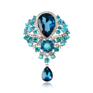 Luxurious vintage-style alloy brooch with deep blue crystals and turquoise beads