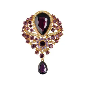 Elegant vintage gold tone alloy brooch with purple pear-cut crystal pendant for women