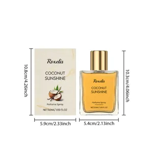 Dimensioni dettagliate per la boccetta e la confezione del profumo Roxelis Coconut Sunshine