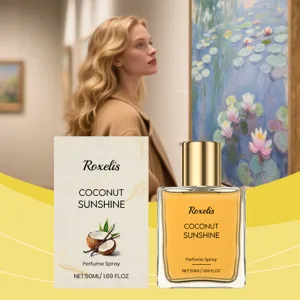 Flacone di profumo alla vaniglia e cocco in una lussuosa scena di galleria d'arte