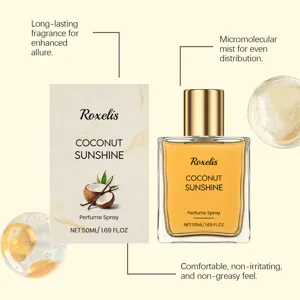 Dettaglio profumo Roxelis Coconut Sunshine 50ml flacone e scatola di imballaggio