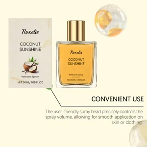 Dettaglio del profumo spray Roxelis Coconut Sunshine con la sua elegante confezione.