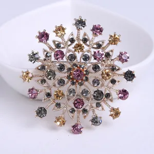 Détail macro d'une broche en cristal en forme de flocon avec pierres multicolores.