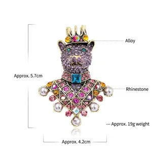 Spilla vintage a forma di orso con corona e strass colorati, circa 5,7 x 4,2 cm
