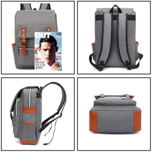 Vistas multiangulares de una mochila retro de lona gris con detalles en cuero marrón