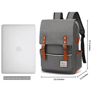 Mochila de lona gris de gran capacidad con dimensiones para portátil de 15,6 pulgadas