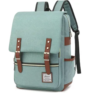Vista detallada de una mochila vintage de lona verde azulado con detalles en cuero.