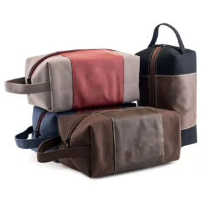 Vintage canvas and leather men's toiletry bags in various colors, large capacity wash pouch.