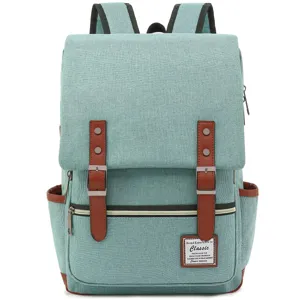 Vista frontal de una mochila de lona verde menta vintage con adornos de cuero marrón